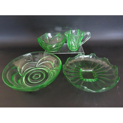 76 - 2 large Art deco uranium green glass bowls and a milk jug and sugar bowl.