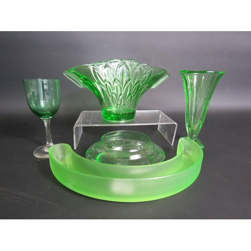 77 - 5 Pieces of Art deco uranium glass, Vases, bowls etc.