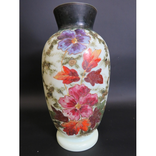 79 - Large Victorian hand painted milk glass uranium vase. Standing approx 12.5