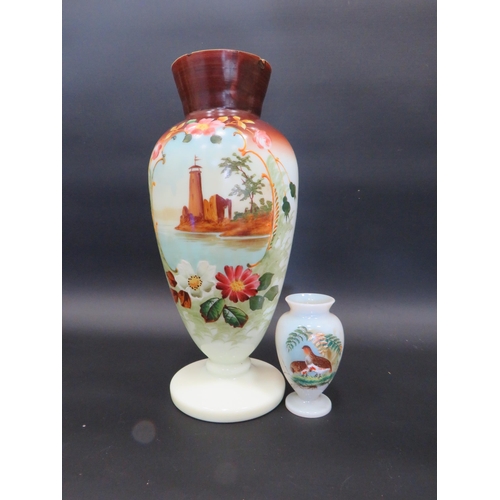 80 - 2 Victorian handpainted milk glass uranium vase the taller stands 12.5