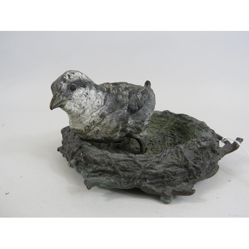 85 - Antique Bronze ink well of a chick in a nest. 6.5