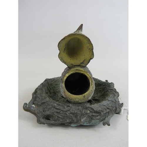 85 - Antique Bronze ink well of a chick in a nest. 6.5