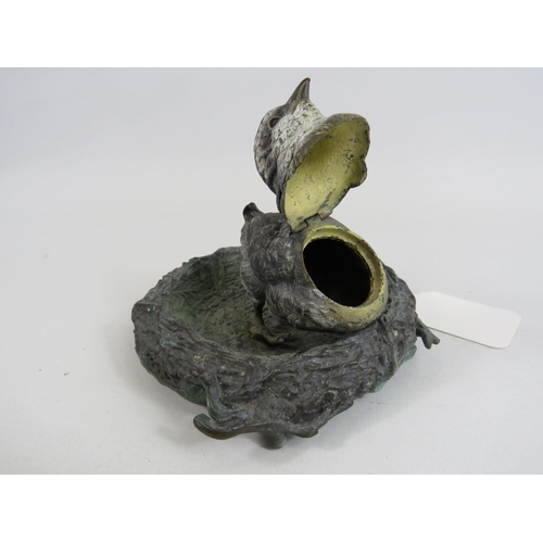 85 - Antique Bronze ink well of a chick in a nest. 6.5