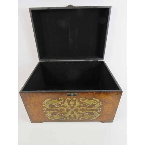 98 - Large Walnut effect keepsake box with scroll decoration. 9 1/2