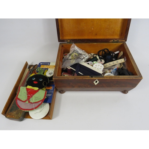 99 - Vintage mahogany storage box with bun feet complete with sewing related items inside.6