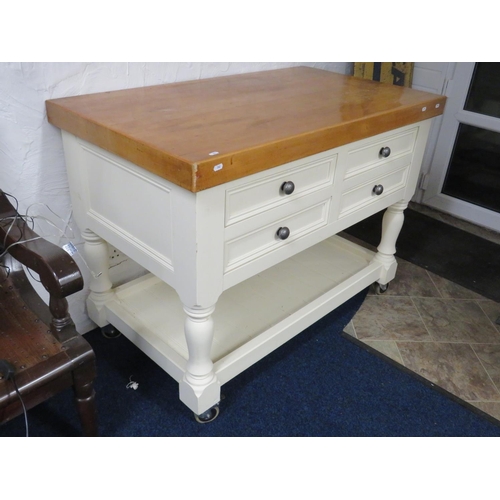 702 - Strong and sturdily constructed central Isle Kitchen unit on castors. Four Drawers and three inch th... 