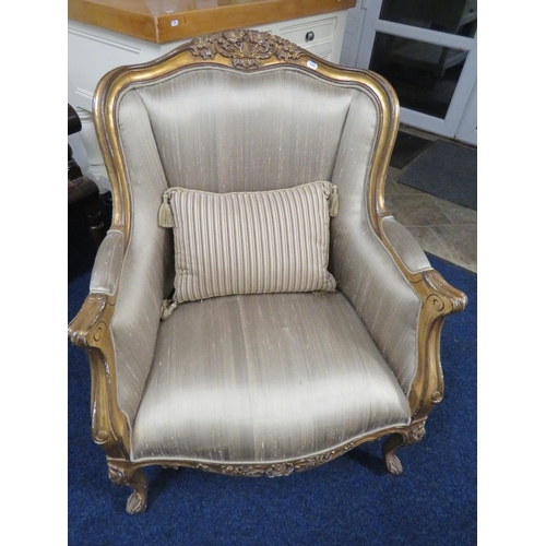 704 - Reproduction antique French style chair with gilt painted frame with carved decorations to match pre... 