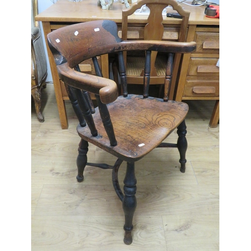 711 - Antique oak chair with crinoline stretcher, shaped seat. Good original patina. Loose joints but stur... 