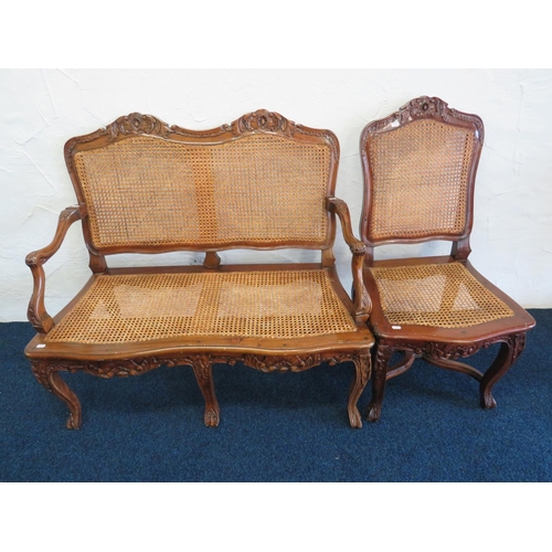 714 - Vintage Bergere two seat settee with carved decoration along with a matching chair. H:40 x W:43 x D:... 