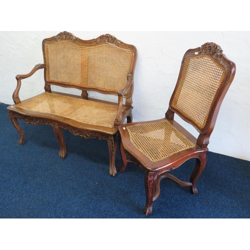 714 - Vintage Bergere two seat settee with carved decoration along with a matching chair. H:40 x W:43 x D:... 