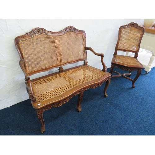 714 - Vintage Bergere two seat settee with carved decoration along with a matching chair. H:40 x W:43 x D:... 