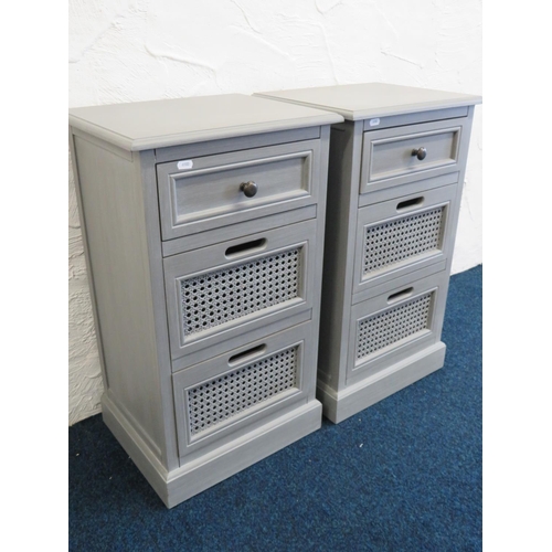 719 - Two Grey painted bedroom cabinets with bergere fronted drawers. Each H:28 x W:16 x D:13 inches. See ... 