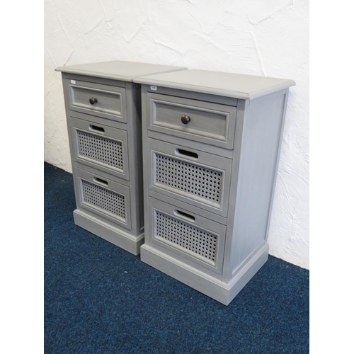 719 - Two Grey painted bedroom cabinets with bergere fronted drawers. Each H:28 x W:16 x D:13 inches. See ... 