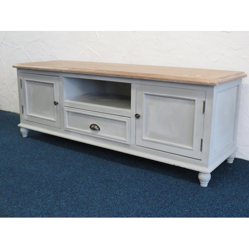 720 - Grey painted long cabinet with central drawer and shelf above. H:21 x W:57 x D:18 inches. See photos... 