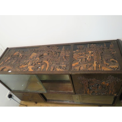 723 - Mid 20th Century Chinoserie carved sideboard with glass doors, carved door and tops. Side door will ... 