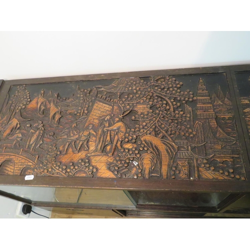 723 - Mid 20th Century Chinoserie carved sideboard with glass doors, carved door and tops. Side door will ... 