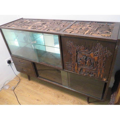 723 - Mid 20th Century Chinoserie carved sideboard with glass doors, carved door and tops. Side door will ... 