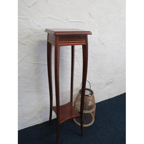 724 - Tall mahogany plant stand along with a birdcage style candle lantern. See photos.