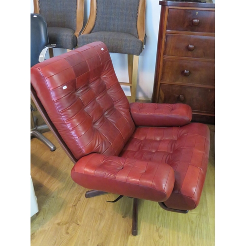 736 - Mid Century Swedish made Mobel swivel chair with Damask leather panel upholstery in exceptional cond... 