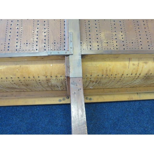 742 - 19th Century Billiard or Snooker Hall bench. Bent ply perforated seat. Turned legs with drilled Iron... 