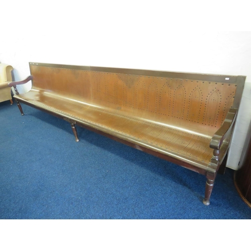 742 - 19th Century Billiard or Snooker Hall bench. Bent ply perforated seat. Turned legs with drilled Iron... 