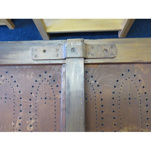 742 - 19th Century Billiard or Snooker Hall bench. Bent ply perforated seat. Turned legs with drilled Iron... 