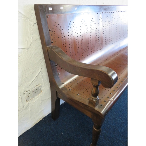 742 - 19th Century Billiard or Snooker Hall bench. Bent ply perforated seat. Turned legs with drilled Iron... 