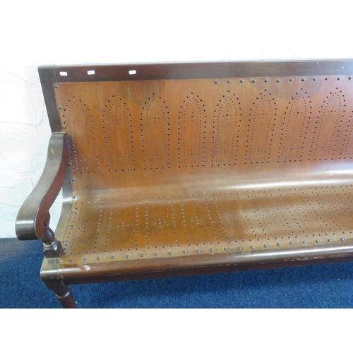 742 - 19th Century Billiard or Snooker Hall bench. Bent ply perforated seat. Turned legs with drilled Iron... 