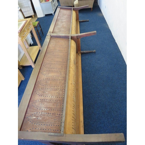 742 - 19th Century Billiard or Snooker Hall bench. Bent ply perforated seat. Turned legs with drilled Iron... 