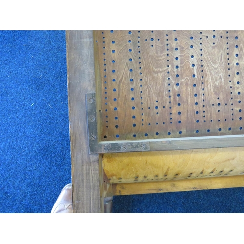 742 - 19th Century Billiard or Snooker Hall bench. Bent ply perforated seat. Turned legs with drilled Iron... 