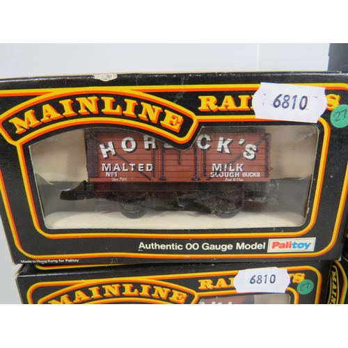 135 - Three Mainline 00 Scale Seven plank Horlicks wagons plus a Bachman 16 ton slope side rivetted side d... 