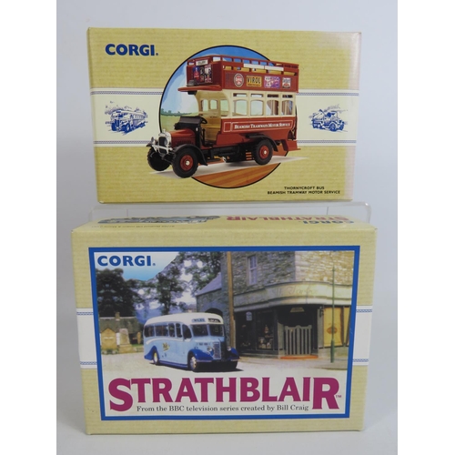 147 - Two Corgi Classic Commercials.  Thorneycroft Bus, plus a Bedford OB Coach and Morris Van BBC Gift Se... 