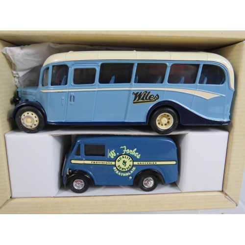 147 - Two Corgi Classic Commercials.  Thorneycroft Bus, plus a Bedford OB Coach and Morris Van BBC Gift Se... 