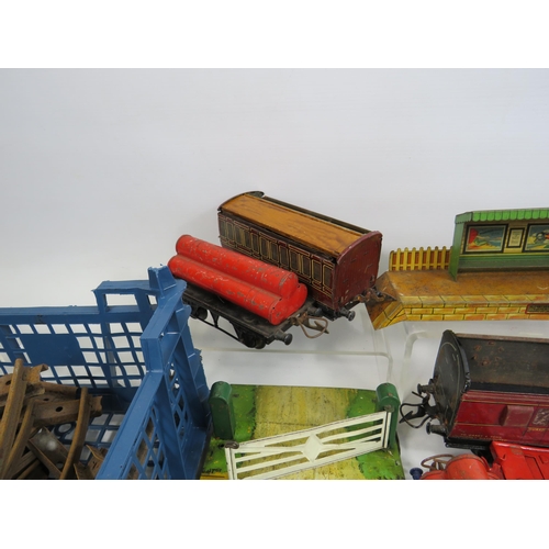 182 - Hornby Meccano vintage O Gauge carriages, station, level crossing and track etc