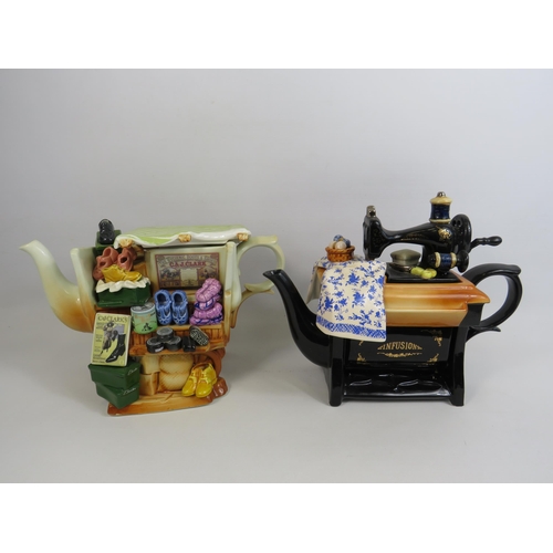 187 - 2 Paul Cardew large novelty teapots, Market stall and sewing machine on a table. ( the market stall ... 