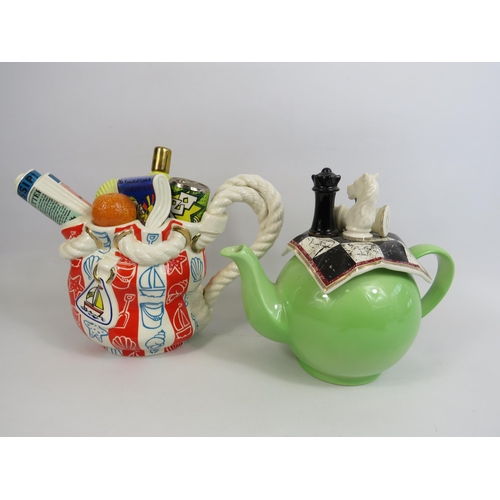 188 - 2 Paul Cardew large novelty teapots, Beach bag and and Chess table.