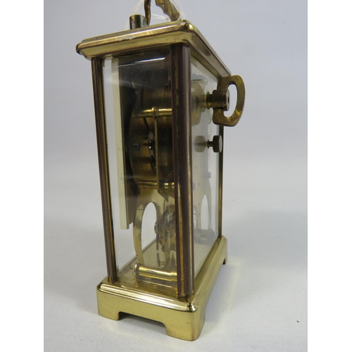 210 - Schatz german 8 day brass skeleton carriage clock in running order.