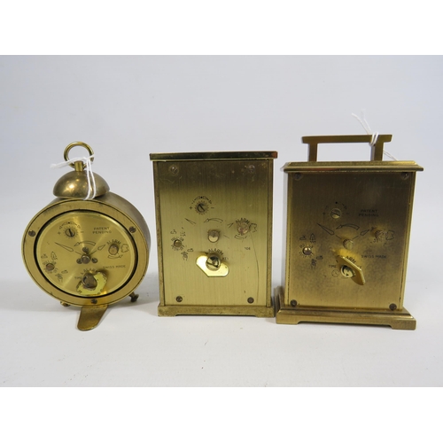 211 - 3 Brass Swiza 8 Swiss made alarm clocks. All in running order.