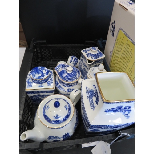 261 - 4 Trays of blue and white ceramics, Spode Italian and Ringtons.