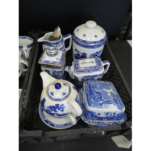 261 - 4 Trays of blue and white ceramics, Spode Italian and Ringtons.