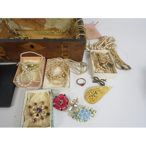 276 - Vintage wooden box and costume jewellery contents including some 925 silver.