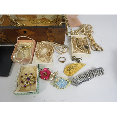 276 - Vintage wooden box and costume jewellery contents including some 925 silver.