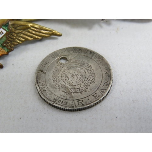 305 - Royal Engineers Trench art coin, a sterling silver scottish brooch and a canadian airforce badge.