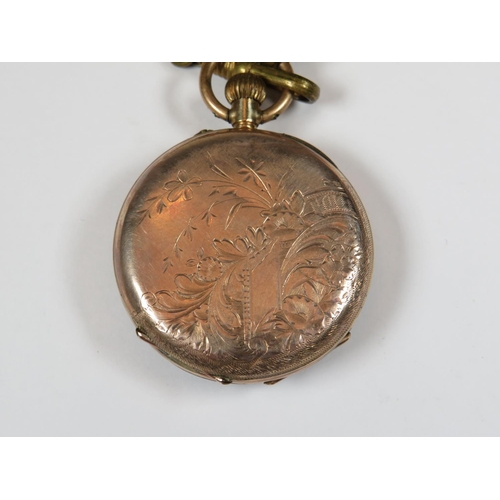 517 - Gold tone crown wind pocket watch with Champleve face. Attached to white metal chain. Intermittent r... 