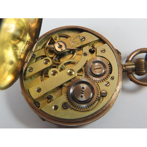 517 - Gold tone crown wind pocket watch with Champleve face. Attached to white metal chain. Intermittent r... 