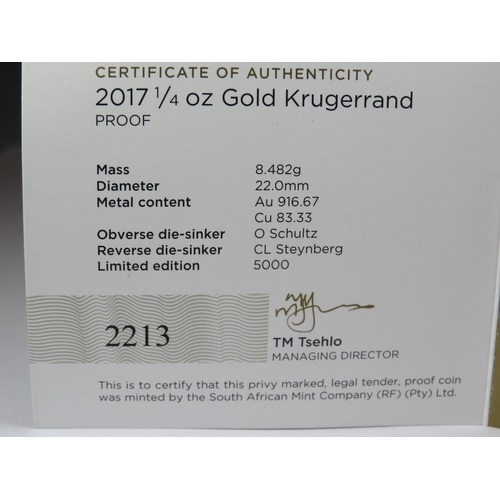 520 - 2017 Ltd Edition, 2213/5000,  Quarter oz 22ct gold proof Krugerrand. Comes with presentation case an... 