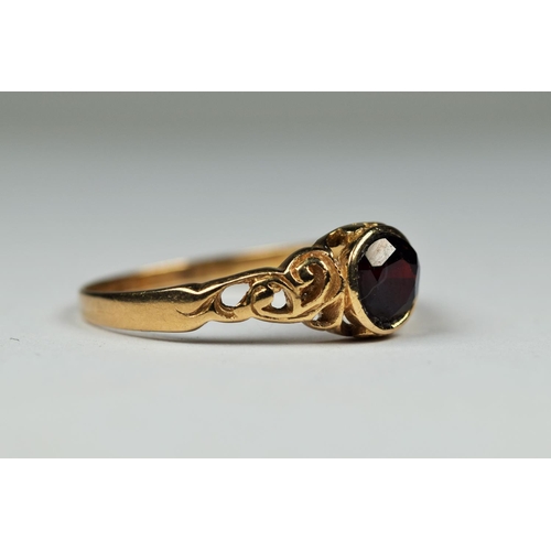 407 - 9ct Yellow Gold garnet set ring with pierced shoulders. . Finger size 'U-5'  2.5g