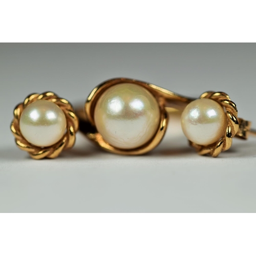 530 - 9ct Yellow Gold pearl set ring. Finger size 'N'   3.1g together with a matched pair of 9ct yellow go... 