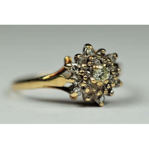 534 - 9ct Yellow gold , Multi Diamond Cluster ring.  Finger size 'K'   1.6g