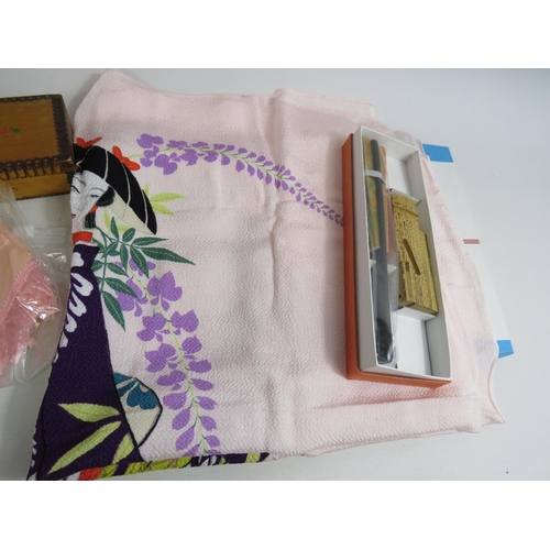 342 - Mixed lot to include a chinese silk scarf and fan, a royal navy hankechief etc.